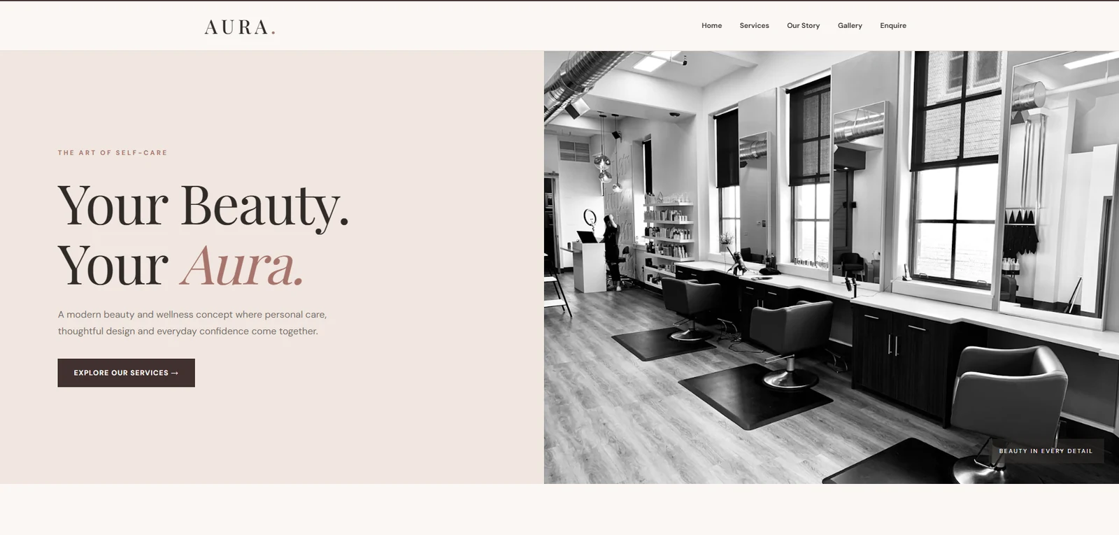 AURA fictional beauty salon website concept showing elegant serif typography and salon photography