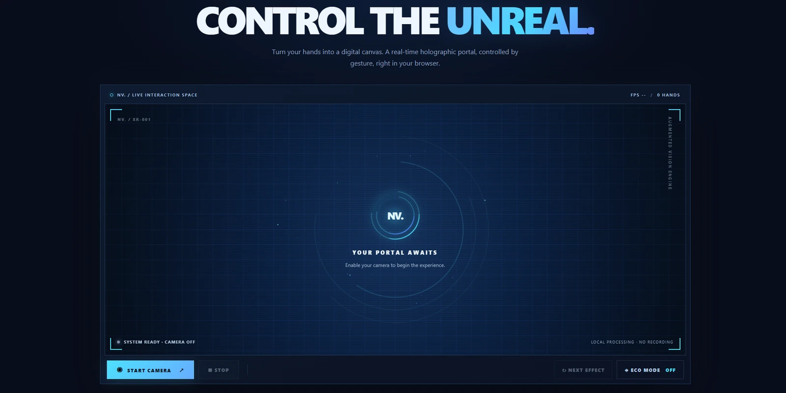 Screenshot of the NV. AR Portal Web Edition showing the Control the Unreal headline and cyan holographic portal interface before camera activation