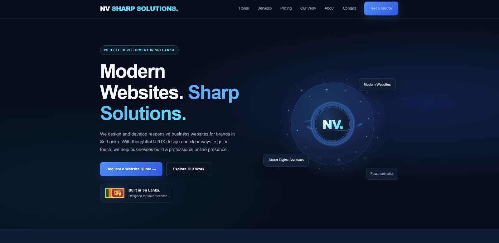 NV SHARP SOLUTIONS business website showing its Modern Websites, Sharp Solutions hero, navigation and NV. digital orb