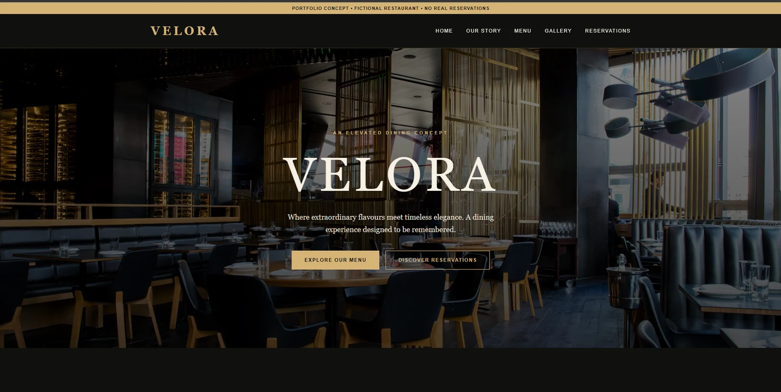 VELORA fictional fine dining website concept, featuring an elegant restaurant hero design